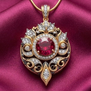 May include: A gold pendant necklace with a large, round, red gemstone center, surrounded by smaller diamonds. The pendant has an ornate, floral design with gold and silver accents, set against a deep red satin background.
