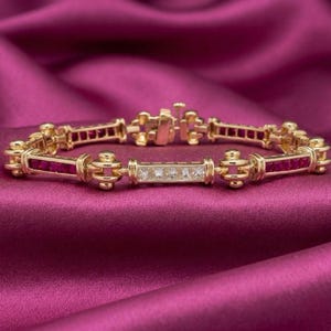 Vintage Rubin Tennisarmband, 14K Guldpläterat Armband, Art Deco Armband med Röd Ädelsten, Brudsmycken, Jubileumspresent till henne