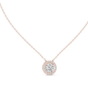 Moissanite Halo Pendant Necklace: 14k Solid Gold, Handmade Engagement Gift