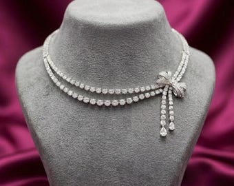 Bow Choker Necklace, Ribbon Tennis Necklace, Moissanite Bow Necklace, Bridal Choker, Elegant Statement Necklace, 925 Sterling Silver Jewelry