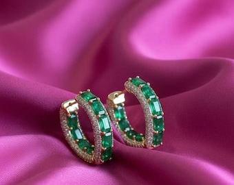 Emerald Hoop Earrings, 925 Sterling Silver 14K Gold Plated Green Stone Hoops, Elegant Gift for Women