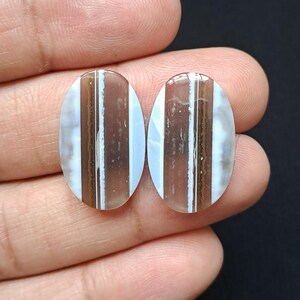 Op de afbeelding: Twee ovale edelstenen met een gestreept patroon. De stenen hebben afwisselende banden van bruin, wit en lichtblauw. De edelstenen worden in een hand gehouden tegen een donkere achtergrond.
