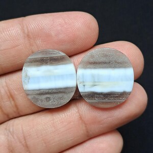 Op de afbeelding: Twee ronde, gepolijste edelstenen met een gelaagd ontwerp. De stenen hebben banden van wit en lichtblauw, gescheiden door banden van bruin en grijs. De edelstenen worden in een hand tegen een zwarte achtergrond gehouden.
