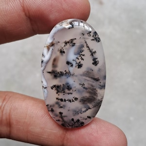 Op de afbeelding: Ovale dendrietagaat edelsteen. De steen heeft een doorschijnende basis met ingewikkelde zwarte, varenachtige insluitsels. Het gepolijste oppervlak reflecteert licht en benadrukt de natuurlijke patronen. Een uniek stuk voor sieraden of verzameling.