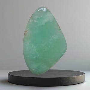 Op de afbeelding: Een gepolijste, druppelvormige edelsteen in groentinten, gepresenteerd op een zwarte, cirkelvormige sokkel. De steen heeft een doorschijnende kwaliteit met subtiele interne patronen en een glad, glanzend oppervlak. Kleine bruine insluitsels zijn zichtbaar.