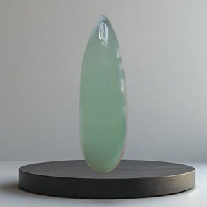 Op de afbeelding: Een lange, druppelvormige sculptuur van lichtgroen glas. De sculptuur staat op een ronde, zwarte sokkel. Het glas heeft een glanzende afwerking die licht reflecteert en highlights creëert. Het ontwerp is minimalistisch en modern, met een glad uiterlijk.