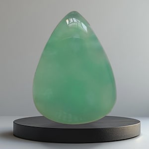Op de afbeelding: Een grote, druppelvormige, doorschijnende groene edelsteen. De edelsteen wordt tentoongesteld op een kleine, ronde, zwarte sokkel. De steen heeft een glad, gepolijst oppervlak en een zachte, diffuse gloed, wat suggereert dat hij van jade of een vergelijkbaar materiaal is.