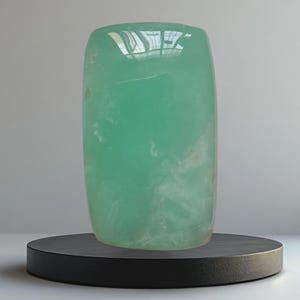 Op de afbeelding: Een doorschijnende, lichtgroene kristallen steen met een afgeronde rechthoekige vorm. De steen wordt gepresenteerd op een kleine, ronde, zwarte sokkel tegen een neutrale grijze achtergrond. Het kristal heeft een glad, gepolijst oppervlak.