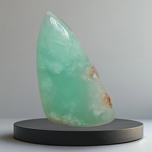 Op de afbeelding: Een gepolijste, druppelvormige edelsteen in groen- en wittinten, met bruine insluitsels. De steen wordt gepresenteerd op een zwarte, cirkelvormige sokkel tegen een neutrale achtergrond. De edelsteen heeft een glad, reflecterend oppervlak.