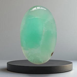 Op de afbeelding: Een grote, ovaalvormige edelsteen met een doorschijnende zeegroene tint. De gepolijste steen staat op een zwarte, cirkelvormige sokkel tegen een neutrale achtergrond. Het oppervlak van de edelsteen reflecteert licht en toont de gladde textuur en interne patronen.