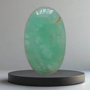 Op de afbeelding: Een grote, ovaalvormige, gepolijste edelsteen in groentinten, rustend op een zwarte, cirkelvormige standaard. De edelsteen heeft een gladde, doorschijnende uitstraling met subtiele kleur- en textuurvariaties. De standaard is donker van kleur.