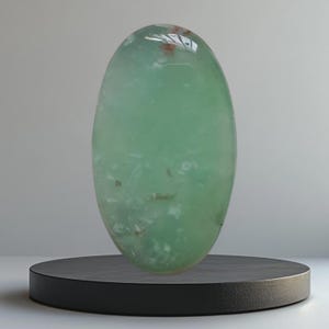 Op de afbeelding: Een grote, ovaalvormige, doorschijnende groene edelsteen. De gepolijste steen heeft een glad oppervlak met subtiele kleurvariaties en kleine insluitsels. Het wordt gepresenteerd op een kleine, ronde, zwarte sokkel tegen een neutrale achtergrond.