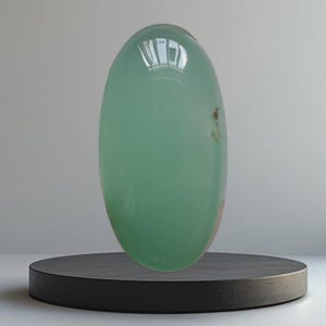 Op de afbeelding: Een grote, ovaalvormige, doorschijnende edelsteen in een zachte, gedempte groene tint. De gepolijste steen staat op een kleine, ronde, zwarte sokkel. De edelsteen heeft subtiele kleurvariaties en een glad, reflecterend oppervlak.