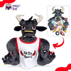May include: A plush, gray bull mascot wearing a white tank top with red trim and the text "Pok Pok Bulls." The bull has large horns, red eyes, and is holding poker chips. A framed illustration of the bull is also present.