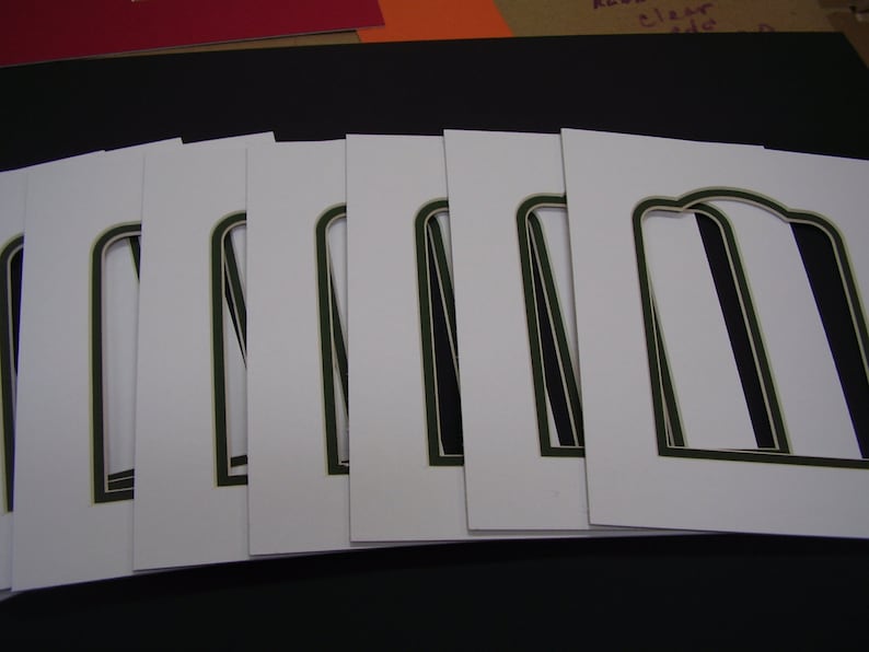 Picture Frame Mat Arch top Ivory with forest green liner 8x10 for 5x7 photo set of twenty mats