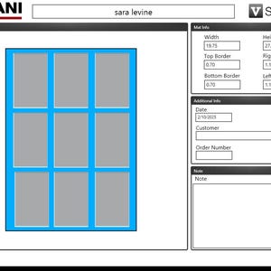 May include: A graphic design layout with a grid of nine gray rectangles outlined in bright blue. The dimensions are 19.75 inches wide and 27.5 inches high. The text "VALIANI" and "sara levine" are at the top.