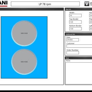May include: A digital preview of a record mat design with two circles on a blue background. The mat is 18 inches wide and 24 inches high. The circles are 9.50 inches in diameter. The mat has a 1.50 inch border on all sides.