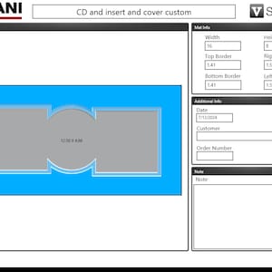 May include: A digital preview of a CD and insert cover design. The design features a light blue background with a gray central area, displaying dimensions of 12.50 x 4.66 inches. Additional information includes width, height, and border measurements.