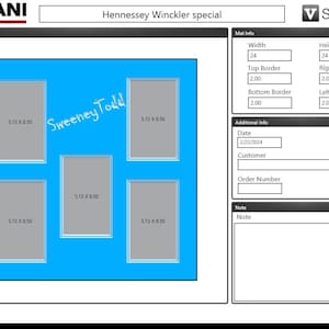 May include: A blue and white graphic design layout with text fields and dimensions. The layout includes five rectangular placeholders, each measuring 5.13 x 8.50 inches. The text "Sweeney Todd" is handwritten in blue. Additional fields include mat info and order details.