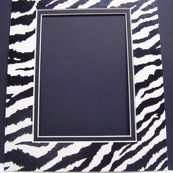 Picture Frame Mat Double  Zebra Print Black and White  Animal Print 8x10 for4x6 Photo or Art Custom Cut Rectangle