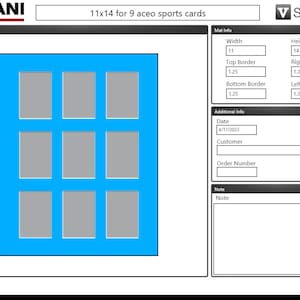 May include: A preview of a 11x14 inch mat for 9 aceo sports cards. The mat is light blue with a white border and 9 gray rectangles inside. The mat is designed to hold 9 aceo sports cards. The mat is shown on a white background. The text "11x14 for 9 aceo sports cards" is displayed above the mat.