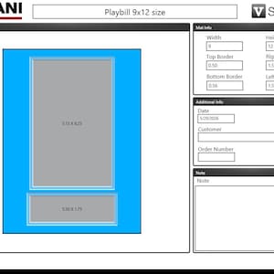 May include: A digital design layout for a playbill, featuring a blue and gray design with dimensions and text labels. The playbill is labeled "Playbill 9x12 size" and includes dimensions in inches, such as 9" width and 12" height.