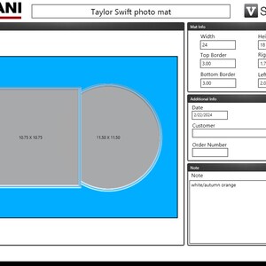 May include: A blue photo mat with a white border and two openings for photos. The mat is labeled "Taylor Swift photo mat" and has dimensions of 24 inches by 18 inches. The mat has a top border of 3.00 inches, a bottom border of 3.00 inches, a right border of 1.75 inches, and a left border of 2.00 inches. The date "2/22/2024" is written on the mat.