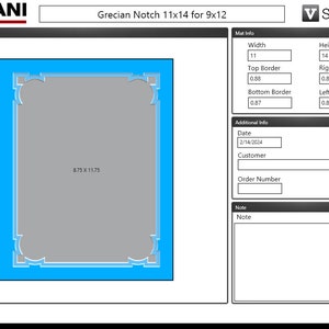 May include: A preview of a custom mat with a Grecian Notch design. The mat is 11 inches wide and 14 inches high. The mat is designed to fit a 9x12 inch photo or artwork. The mat has a 0.88 inch top border, 0.88 inch right border, 0.87 inch bottom border, and 0.88 inch left border.