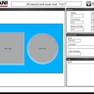 May include: A computer screen showing a preview of a 11x17 inch record and cover mat. The mat is blue with a gray square and circle in the center. The screen also shows the mat's dimensions, border sizes, and additional information like date, customer, order number, and a note section.