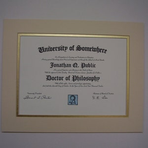 May include: A framed diploma from the University of Somewhere, awarded to Jonathan Q. Public for Doctor of Philosophy. The diploma is signed by the University President, Smart T. Phate, and the Chairman of the Board of Directors, W.C. Tan.