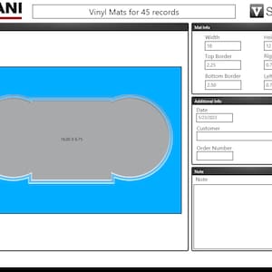 May include: A gray vinyl mat for 45 records with rounded edges. The mat is 16 inches wide and 6.75 inches long. The mat has a 2.25 inch top border, a 2.50 inch bottom border, a 0.75 inch right border, and a 0.75 inch left border. The mat is shown on a blue background.