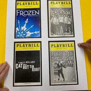 May include: Four Playbill magazine covers framed in white. The covers feature the Broadway shows Frozen, Altar Boyz, Cat on a Hot Tin Roof, and Forbidden Broadway Goes to Rehab.