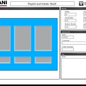 May include: A blue and white template for a playbill or ticket design. The template is 18 inches by 24 inches and has six rectangular placeholders for text or images. The template also includes fields for mat info, additional info, and a note.