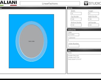 May include: A blue mat with an oval cutout, dimensions 5.5" x 7.5", and a gray oval shape in the center. The mat has a 7" x 9" outside oval. The image includes text and dimensions.