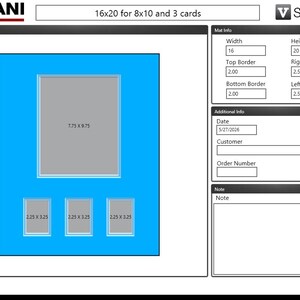 May include: A blue mat board with a large rectangular opening and three smaller openings below. The dimensions are 16x20 inches, designed for an 8x10 inch photo and three cards. Text includes "VALIANI" and "V STUDIO".