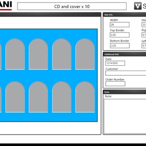May include: A graphic design layout for CD covers, featuring ten arched placeholders against a bright blue background. The design includes text fields for dimensions, date, and other information. The width is 28 inches and the height is 22 inches.