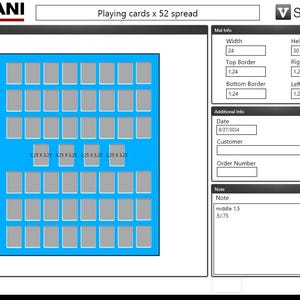 May include: A blue mat with 52 gray squares arranged in a grid, labeled "Playing cards x 52 spread". The mat has a white border and is labeled "Valiani" in the top left corner and "✔ STUDIO" in the top right corner. The mat has a form with fields for "Mat Info", "Additional Info", and "Note".