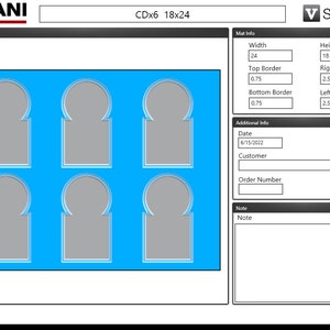 May include: A blue template with six gray arch-shaped cutouts. The template is labeled "CDx6 18x24".
