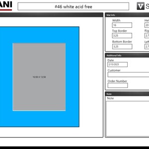 May include: A preview of a #46 white acid free mat with a 10.50 x 13.50 inch opening. The mat is 16 inches wide and 20 inches high. The mat has a 3.25 inch top and bottom border and a 2.75 inch left and right border. The mat is displayed on a white background.