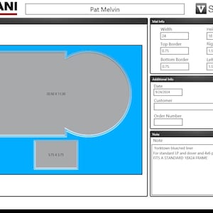 May include: A digital mockup of a custom matted photo frame with a gray background and a blue border. The frame is 20.50 inches by 11.50 inches and the mat is 24 inches by 18 inches. The mat has a 0.75 inch top and bottom border and a 1.50 inch right and left border. The note says "Yorktown blue/red liner for standard LP and dover and 4x6 photo FITS A STANDARD 18X24 FRAME".