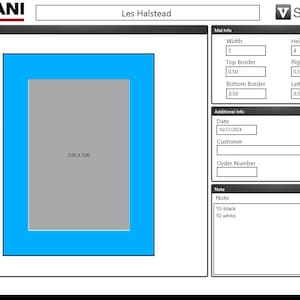 May include: A preview of a custom mat with a 3 inch by 4 inch opening, a 0.50 inch border on all sides, and a note that says "10-black 10 white". The date is 10/21/2024.