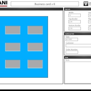 May include: A preview of a business card design with six rectangular placeholders on a bright blue background. The image includes text boxes for mat info, additional info, and notes. The date is 6/7/2023. The top left corner has the word "VALIANI".