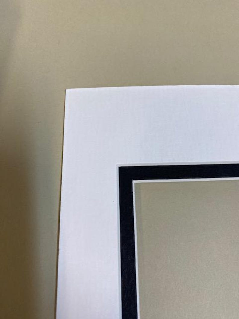 K&ouml;nnte beinhalten: Ein wei&szlig;es Passepartout mit schwarzem Rand, vor einem neutralen, beigefarbenen Hintergrund. Das Passepartout hat eine saubere, klare Kante und bildet einen definierten Rahmen f&uuml;r Kunstwerke oder Fotos. Das Design ist schlicht und elegant.