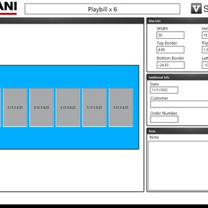 May include: A blue preview of a playbill design with six 5.13 x 8.25 inch spaces for images. The design includes a mat with a width of 36 inches, a height of 18 inches, a top border of 4.88 inches, a bottom border of -24.50 inches, a right border of 1.36 inches, and a left border of -13.50 inches. The date is 11/21/2022.