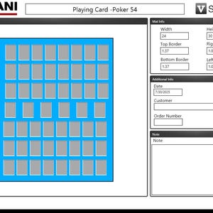 May include: A digital preview of a playing card design, labeled "Playing Card -Poker 54." The design features a grid of gray rectangles within a blue border. Additional information includes dimensions, borders, and a date of 7/30/2025.