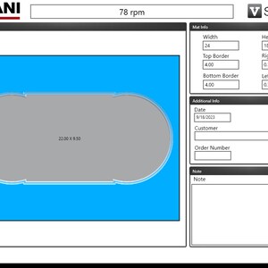 May include: A digital preview of a gray oval-shaped mat with rounded corners. The mat is 22 inches by 9.5 inches. The mat is on a blue background. The mat has a 4 inch border on all sides. The mat is for a record player. The text "78 rpm" is at the top of the image.