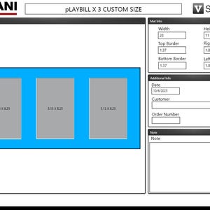May include: A custom-size playbill design with a blue border and three rectangular placeholders. The design includes dimensions for width (23 inches), height (11 inches), and borders. The date is 10/6/2025. The text "VALIANI" and "V STUDIO" are visible.