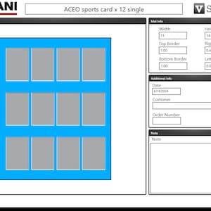 May include: A layout for an ACEO sports card with 12 single slots, framed in a bright blue border. The image includes text such as "VALIANI", "ACEO sports card x 12 single", and "V STUDIO". Additional information includes dimensions and a date.
