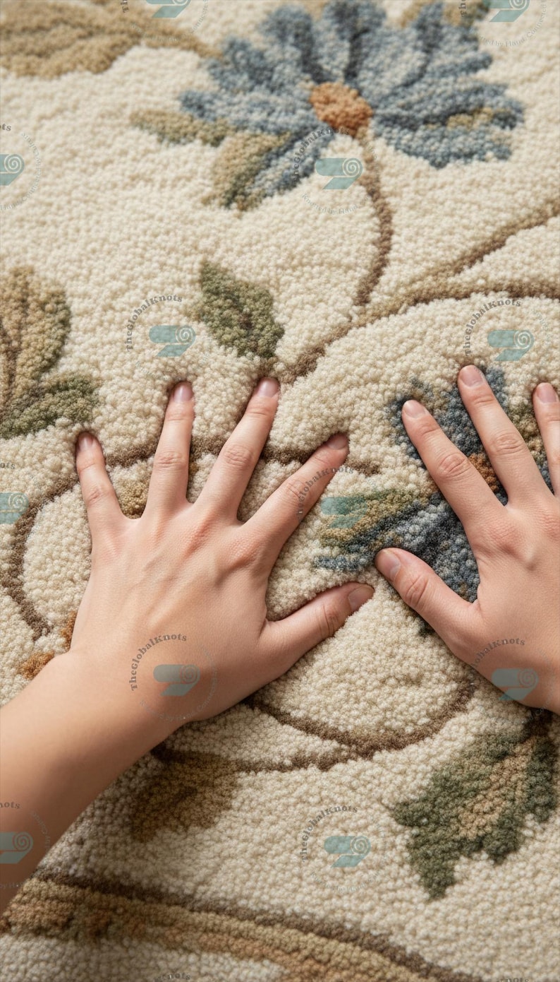 Hand Tufted Floral Wool Rug – Vintage Beige & Blue Botanical Rug ...