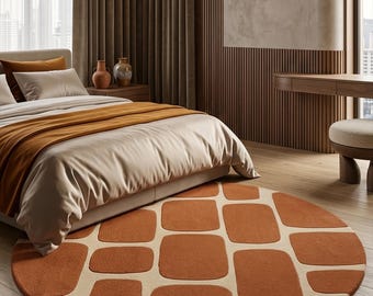 Modern Geometric Hand Tufted Wool Rug, Terracotta Beige Abstract Block Pattern Rug, Mid Century Living Room Area Rug, Custom Size Carpet